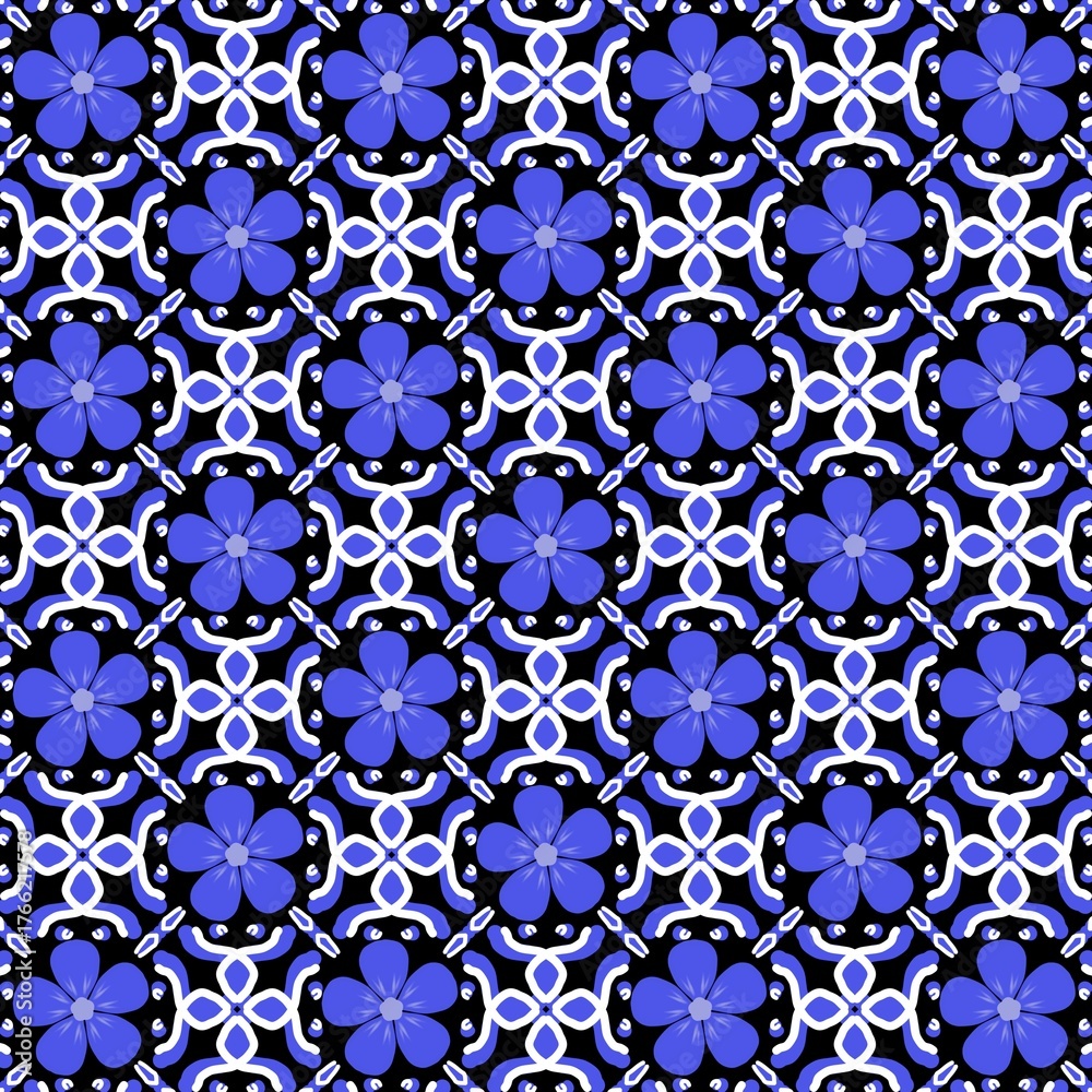 Fototapeta premium Seamless Blue Floral and Geometric Pattern