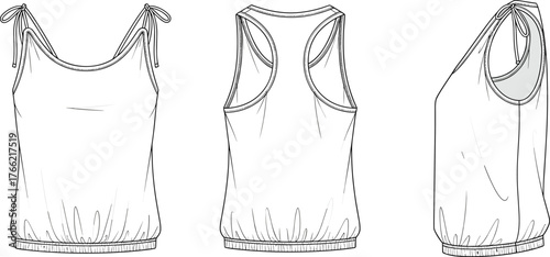 Women sleeveless top with shoulder tie straps and elastic hem, fashion tank top template front and back, cad drawing flat vector illustration