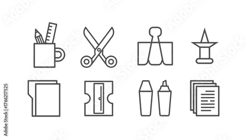 Office and School Supply Line Art Vector Icon Set. Outline Collection of Stationery and Administrative Tools Including Scissors, Binder Clip, Push Pin, Pencil Holder, File Folder, Sharpener