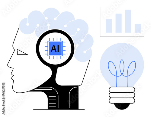 Human head with brain and AI chip, bar graph, and lightbulb representing innovation, technology, and knowledge. Ideal for AI, machine learning, innovation, creativity data analysis technology