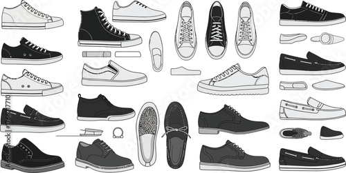 Assortment of various types of men's footwear including sneakers loafers and dress shoes in monochrome style