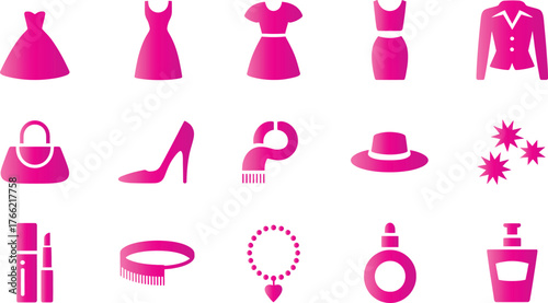 Collection of pink fashion and beauty items on white background