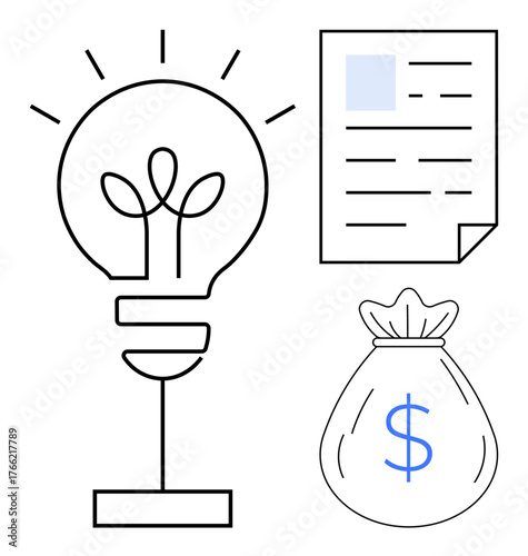 Lightbulb for creativity, document for resources, and money bag for funding. Ideal for innovation, investment, strategy, entrepreneurship, economic growth, planning simple flat metaphor