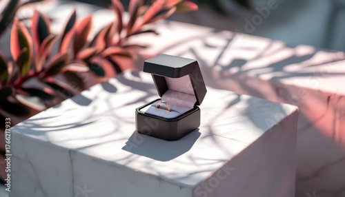 Luxury engagement ring box with tropical shadows