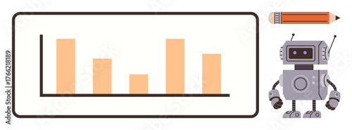 Robot stands beside bar graph and pencil, combining technology, analytics, creativity, and automation. Ideal for data visualization, artificial intelligence, education, technology productivity