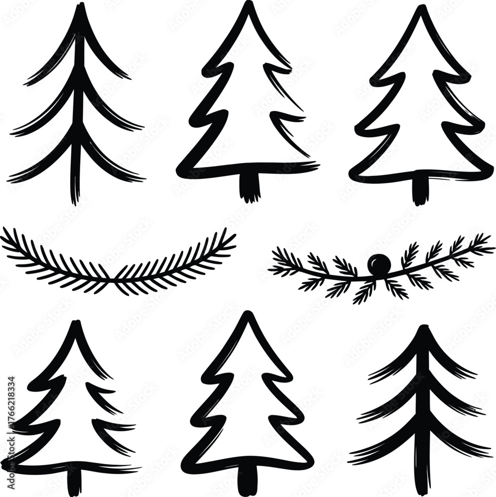 Fototapeta premium Hand drawn pine trees and branches evergreen pine needle
