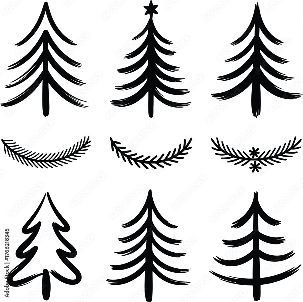 Obraz premium Hand drawn pine trees and branches christmas trees