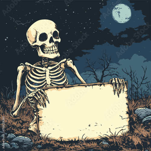Spooky skeleton with a blank sign in a haunted graveyard at night, Halloween scene.   , vector style simple color