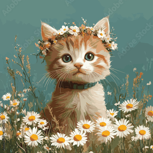 Adorable kitten with flower crown sitting in a field of daisies.   , vector style simple color
