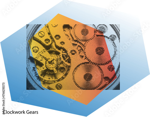 A stylized, halftone image of intricate clockwork gears with an orange-to-yellow gradient overlay, set against a larger, light blue polygonal shape