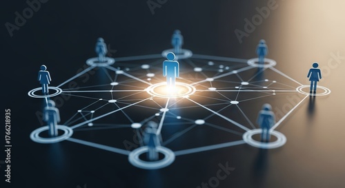 Glowing figure at the center of a connected digital web, illustrating Social Network structure and Global Connection. Concept of communication, influence, business leadership, and community.