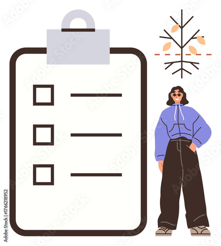 Woman in relaxed attire near a clipboard checklist and artistic tree with orange leaves. Ideal for organization, planning, productivity, goal-setting, task management, self-motivation, simple flat