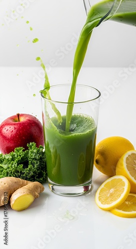 Green Juice Pouring Liquid Splash Frozen Mid-Air Kale Apple Commercial Photography