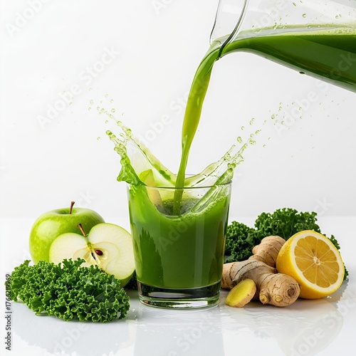 Green Juice Pouring Liquid Splash Frozen Mid-Air Kale Apple Commercial Photography