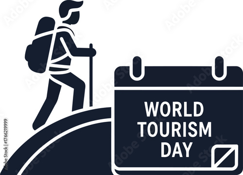 World tourism day celebration with hiker climbing mountain and calendar mark adventure journey vacation concept vector