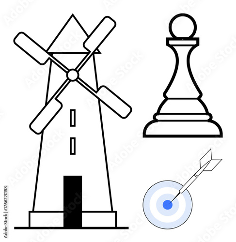 Windmill, chess pawn, and target with an arrow emphasize strategy, goals, planning, and success. Ideal for teamwork, decision-making problem-solving creativity innovation and growth. Simple flat