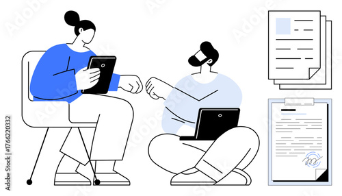 Two coworkers sharing information using a tablet and laptop, exchanging ideas. Nearby documents symbolize collaboration, teamwork, remote work, education, productivity, innovation, simple flat