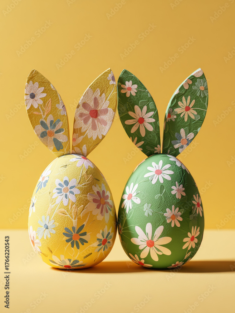 Fototapeta premium Colorful decorative eggs with floral patterns and bunny ears on bright yellow background create cheerful and festive atmosphere