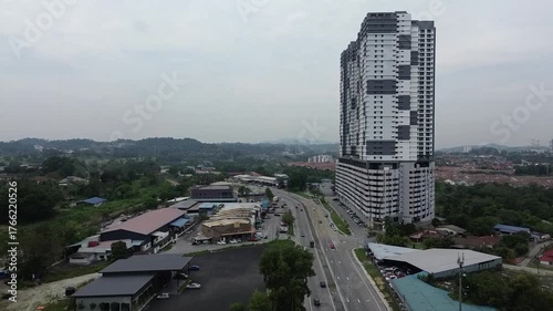 Aerial view of the building along the road.