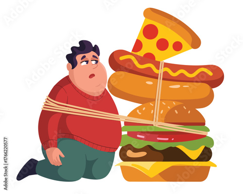 Overweight Man Tied to Fast Food Stack, Symbolizing Addiction and Unhealthy Eating Struggle