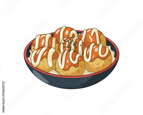 Delicious Takoyaki Japanese Street Food Illustration with Sauce and Mayo
