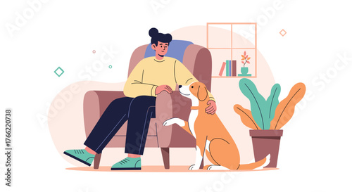 Person sitting on a chair petting a dog.