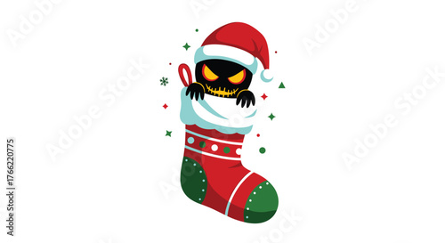 Cartoon Monster in Christmas Stocking with Santa Hat Illustration.