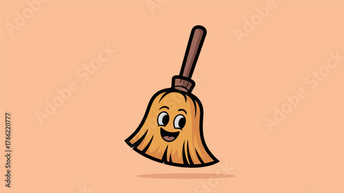 Cartoon Broom Character with Happy Face on Peach Background 