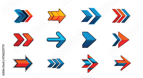 Collection of Twelve Diverse Arrow Icons in Various Styles and Colors.