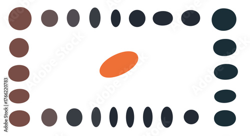 Orange ellipse surrounded by various dark colored shapes on white background.