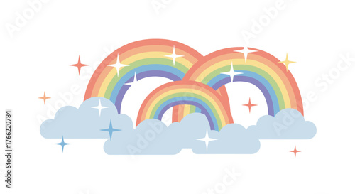 Colorful rainbows with clouds and stars create a vibrant and cheerful scene.