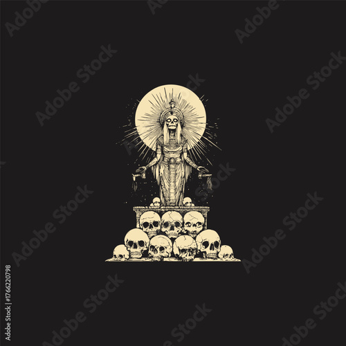 Dark and mystical hand-drawn illustration in vintage engraving style, depicting a skeletal or ancient Egyptian goddess figure wearing a headdress and standing behind a pile of human skulls