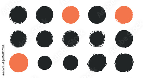 Set of hand drawn circles and blobs in black and orange colors.