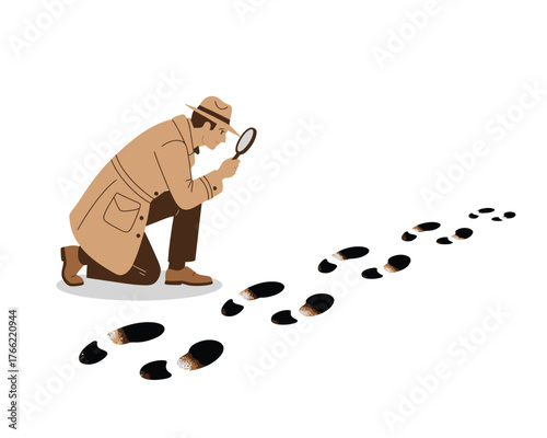Detective Investigating Footprints with Magnifying Glass