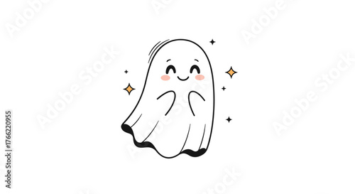 Cute Happy Ghost Cartoon Illustration with Sparkling Stars.