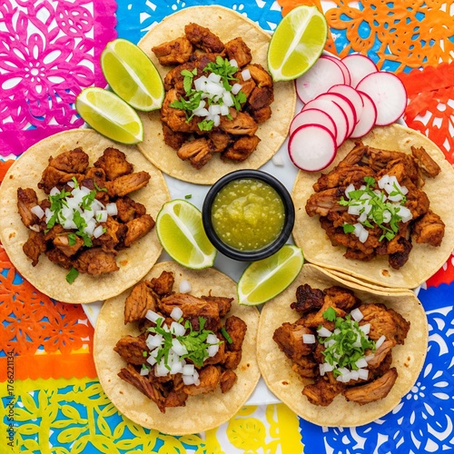 Street Tacos Carnitas Corn Tortillas Papel Picado Authentic Mexican Photography
