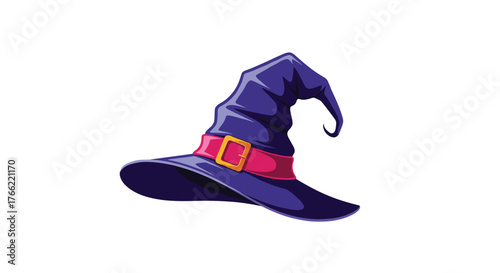 Purple Witch Hat with Red Buckle Isolated on White Background.
