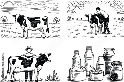 Farm Life: Cows, Farmers, and Dairy Products in Sketch Style
