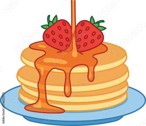 Delicious stack of pancakes topped with fresh strawberries and drizzled with syrup on a plate vector