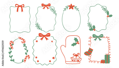 Set of Christmas hand drawn frame Vector Flat  Illustration, Coquette Frame Doodle with ribbon, Festive Holiday Border, minimalist holiday doodle border with bow, holly, candy cane
