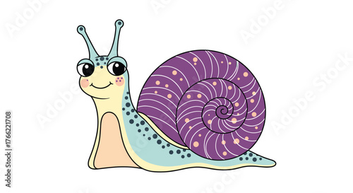 Cute cartoon snail with a purple shell and happy expression.