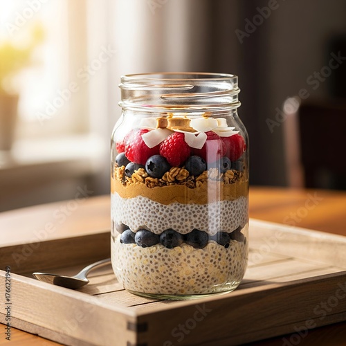 Mason Jar Overnight Oats Layered Chia Pudding Berries Healthy Breakfast Photography