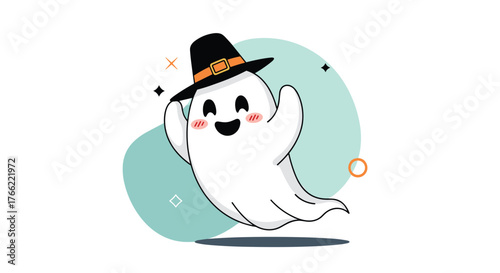 Cute ghost wearing a black hat with orange trim waving hello.