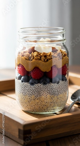 Stratified Breakfast Jar Overnight Oats Nut Butter Granola Morning Light Lifestyle