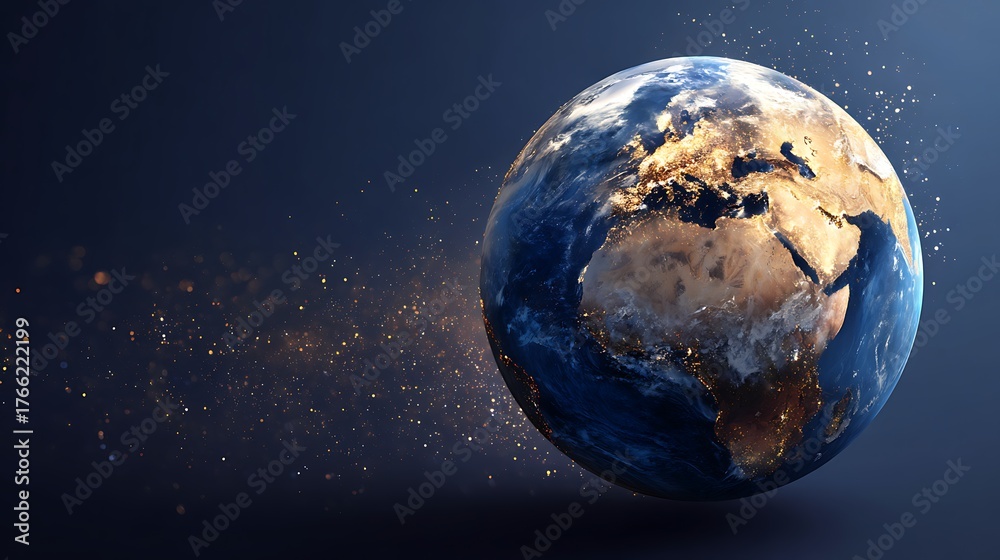 Fototapeta premium Blue and gold Earth globe floating in a galaxy with soft starlight, 