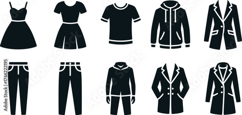 Collection of black clothing icons on a white background