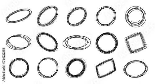 Hand drawn scribble circles ellipses and squares set.