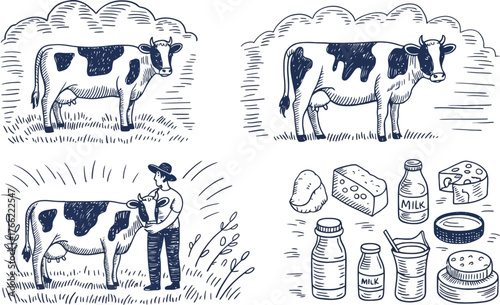 Vintage Farm Life: Cows, Farmer, and Dairy Products Illustration