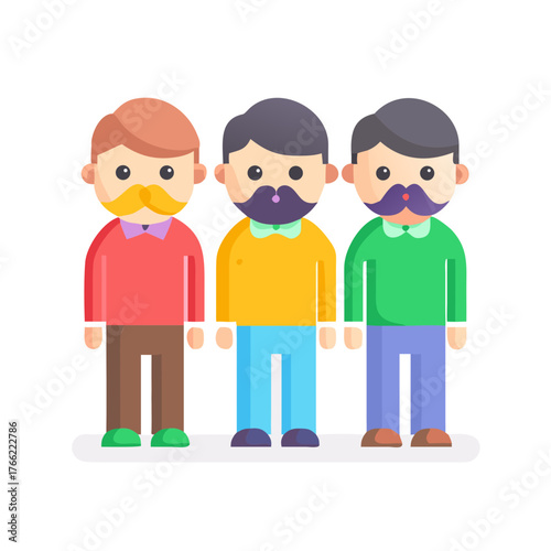 little bearded men 2D uncles in colorful clothes and with colorful beards and mustaches on a white background