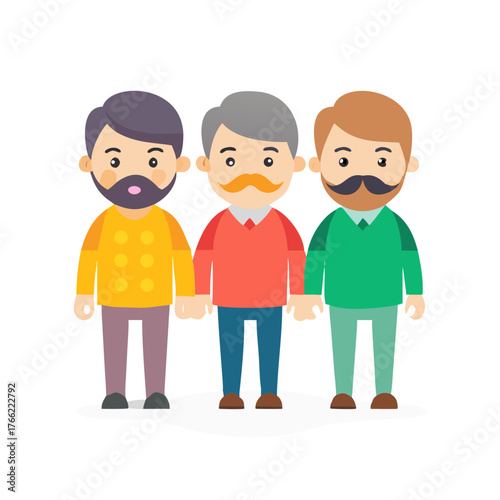 little bearded men 2D uncles in colorful clothes and with colorful beards and mustaches on a white background